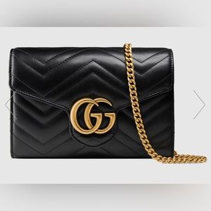 Gucci GG Marmont Matelassé Leather Wallet on a Chain Black Gold Like New